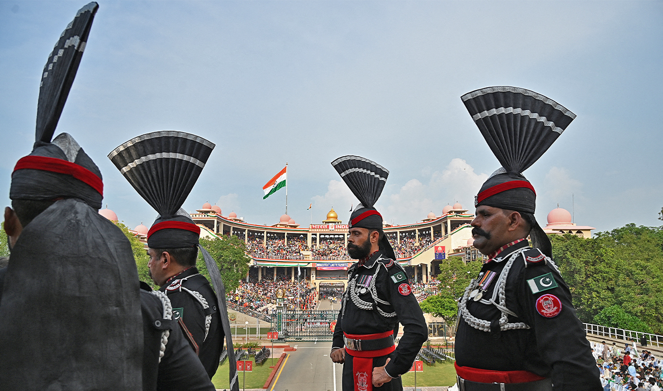 Pakistani Rangers stand prior to the start of the Beating the Retreat ceremony during the Pakistan’s 75th Independence Day celebrations at the Pakistan-India Wagah border post, about 35km from Lahore, Pakistan, on August 14, 2022. (AFP/File)