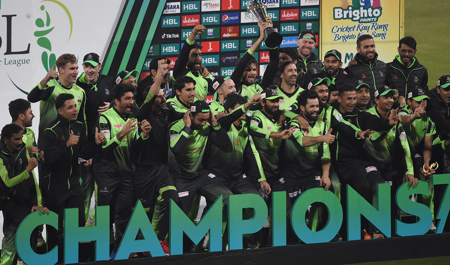 Lahore Qalandars' players celebrate the victory in the final of the Pakistan Super League (PSL) Twenty20 cricket match against Multan Sultans at the Gaddafi Cricket Stadium in Lahore on February 27, 2022. (AFP/File)
