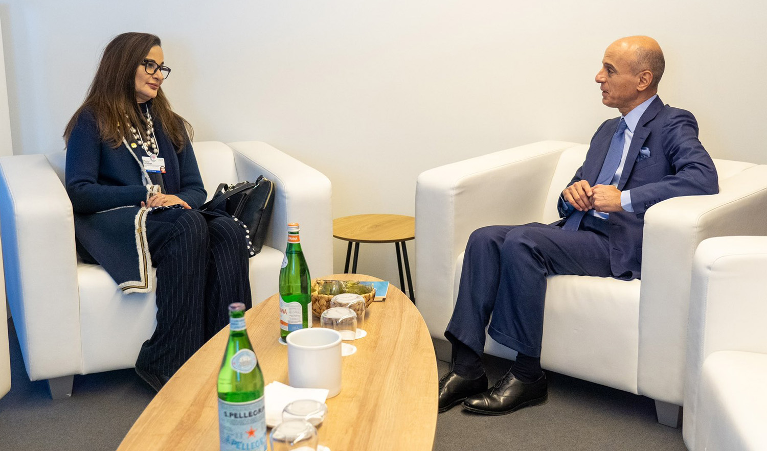 Pakistan Minister for Climate Change Sherry Rehman, left, meets Saudi Arabia's Minister of State for Foreign Affairs Adel Al-Jubeir in Davos, Switzerland on January 21, 2023. (Photo courtesy: @KSAmofaEN/Twitter)