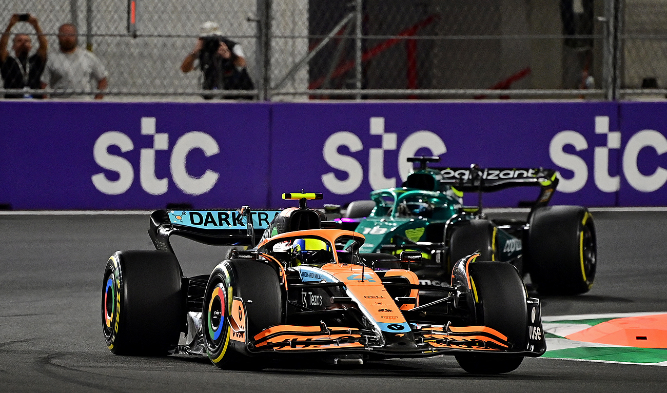 McLaren's British driver Lando Norris (foreground) drives during the 2022 Saudi Arabia Formula One Grand Prix at the Jeddah Corniche Circuit on March 27, 2022. (Photo courtesy: AFP/File)