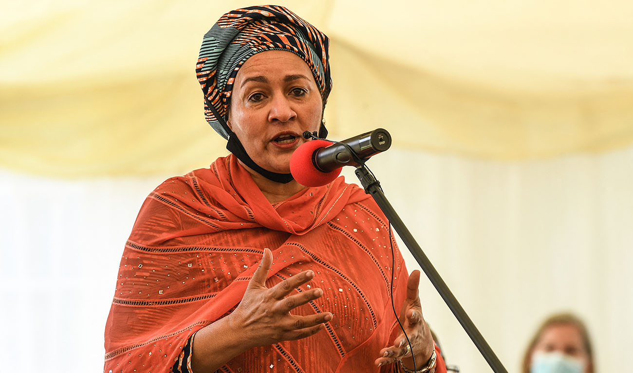 Deputy Secretary-General of the United Nations Amina Mohammed, gestures as she delivers a speech to students of Kawangware primary school, during a visit in Nairobi on March 1, 2022. (Photo courtesy: AFP/FILE)