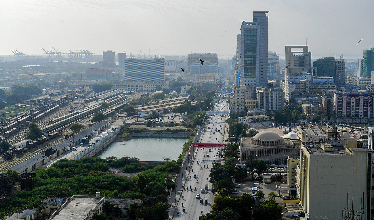 An aerial view of the commercial district of Pakistan's port city of Karachi on January 27, 2023. (Photo courtesy: AFP)