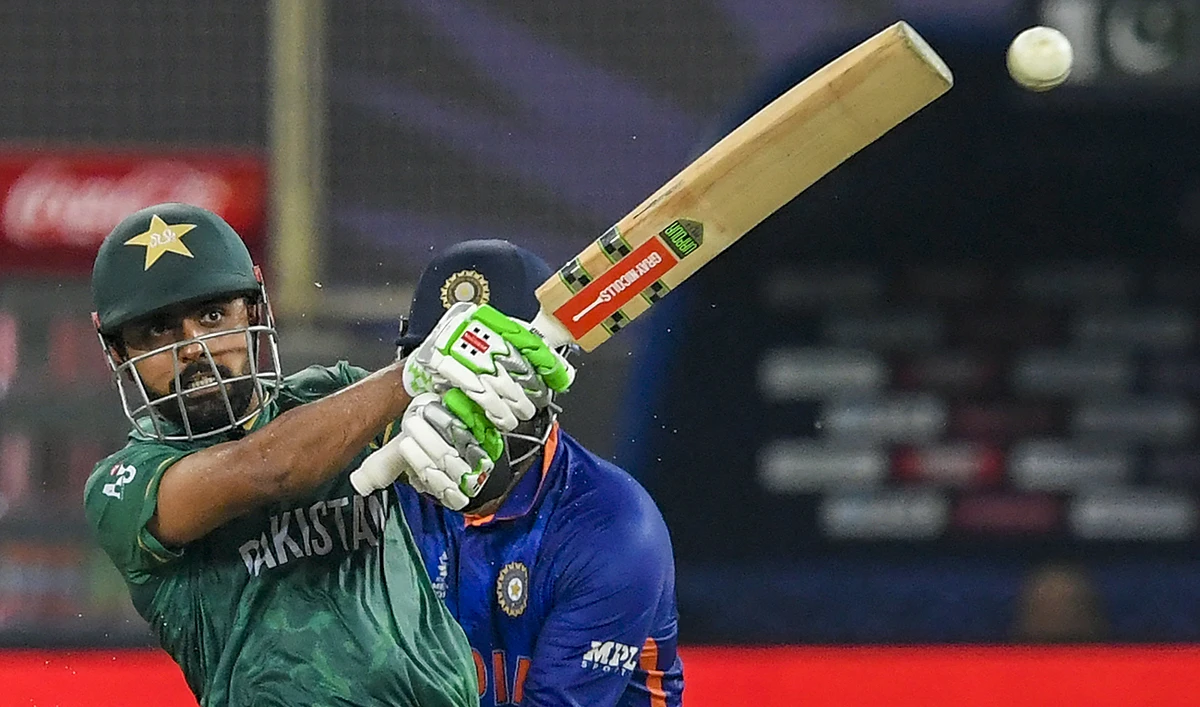 In this file photo taken on October 24, 2021, Pakistan's captain Babar Azam plays a shot during the ICC men’s Twenty20 World Cup cricket match between India and Pakistan at the Dubai International Cricket Stadium in Dubai. (Photo courtesy: AFP/File)