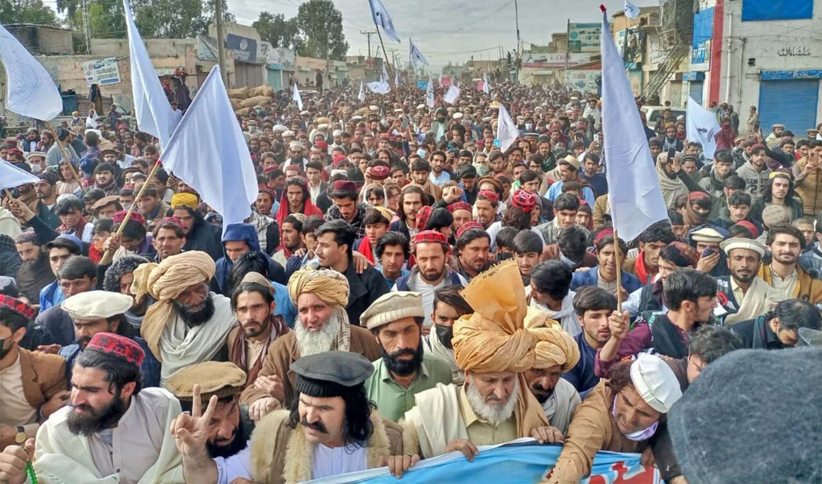 A large number of tribesmen participate in a sit-in in Wana, the largest settlement in Pakistan’s South Waziristan district, on January 10, 2023, to condemn rising incidents of militant violence and demand greater peace and security. (Photo courtesy: Shakir Wazir)