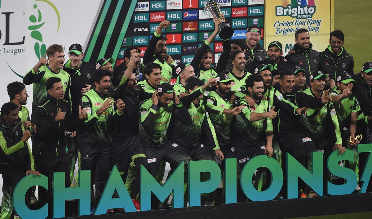 Lahore Qalandars' players celebrate the victory in the final of the Pakistan Super League (PSL) Twenty20 cricket match against Multan Sultans at the Gaddafi Cricket Stadium in Lahore on February 27, 2022. (AFP/File)