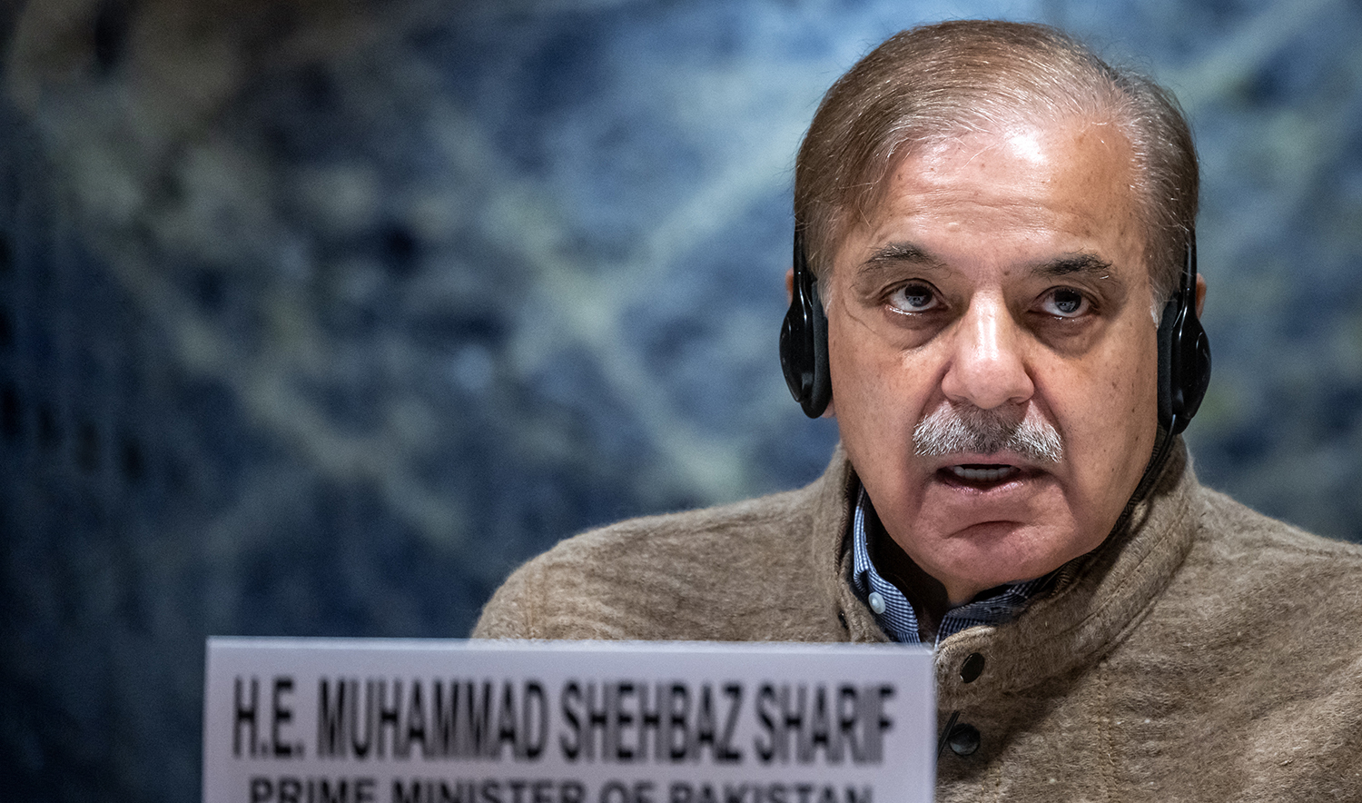 Pakistan Prime Minister Shehbaz Sharif delivers a speech at the start of a Pakistan's Resilience to Climate Change conference in Geneva on January 9, 2023. (AFP/File)