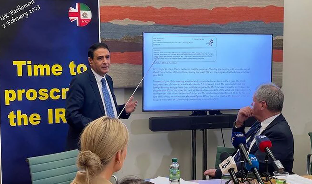 The National Council of Resistance of Iran’s UK office holds a press conference at the House of Commons in London on Feb. 2, 2023. (AN Photo)