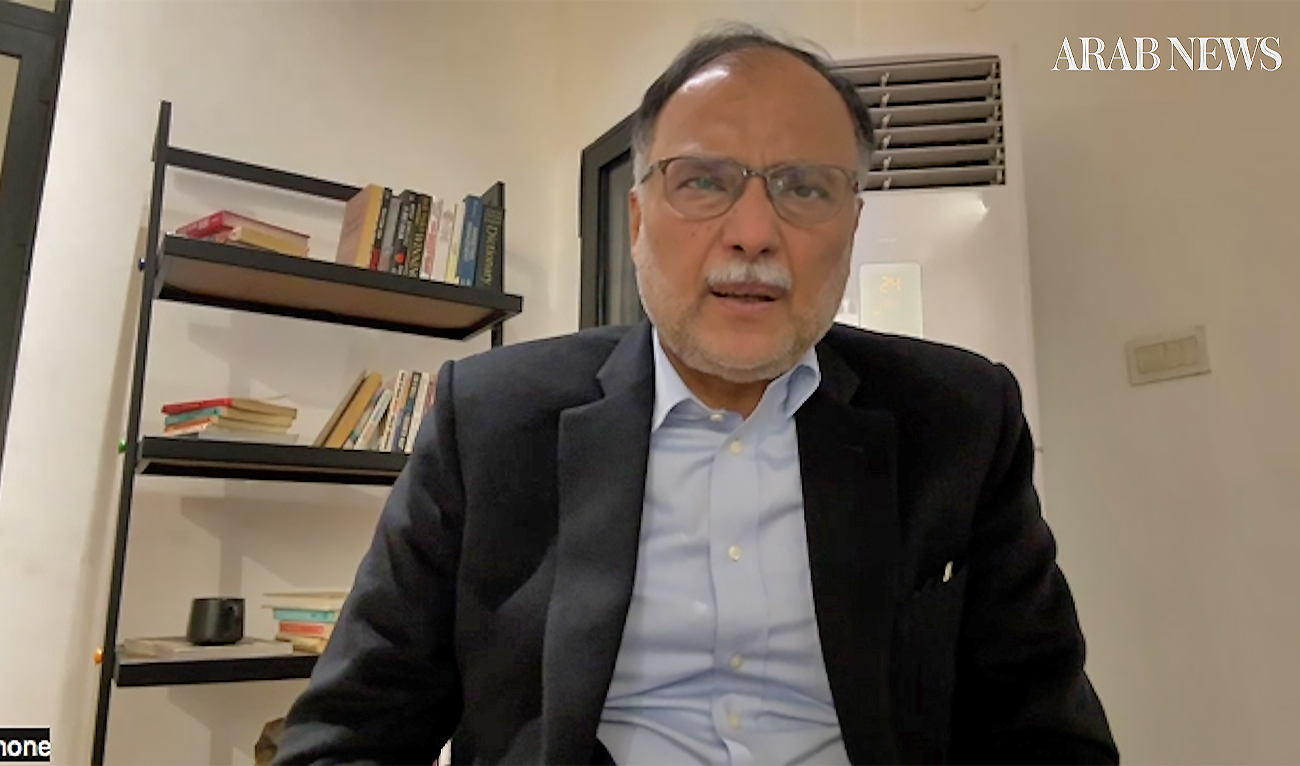 Pakistan's Planning Minister Ahsan Iqbal speaks to Arab News in Islamabad, Pakistan, on February 5, 2023. (AN Photo)