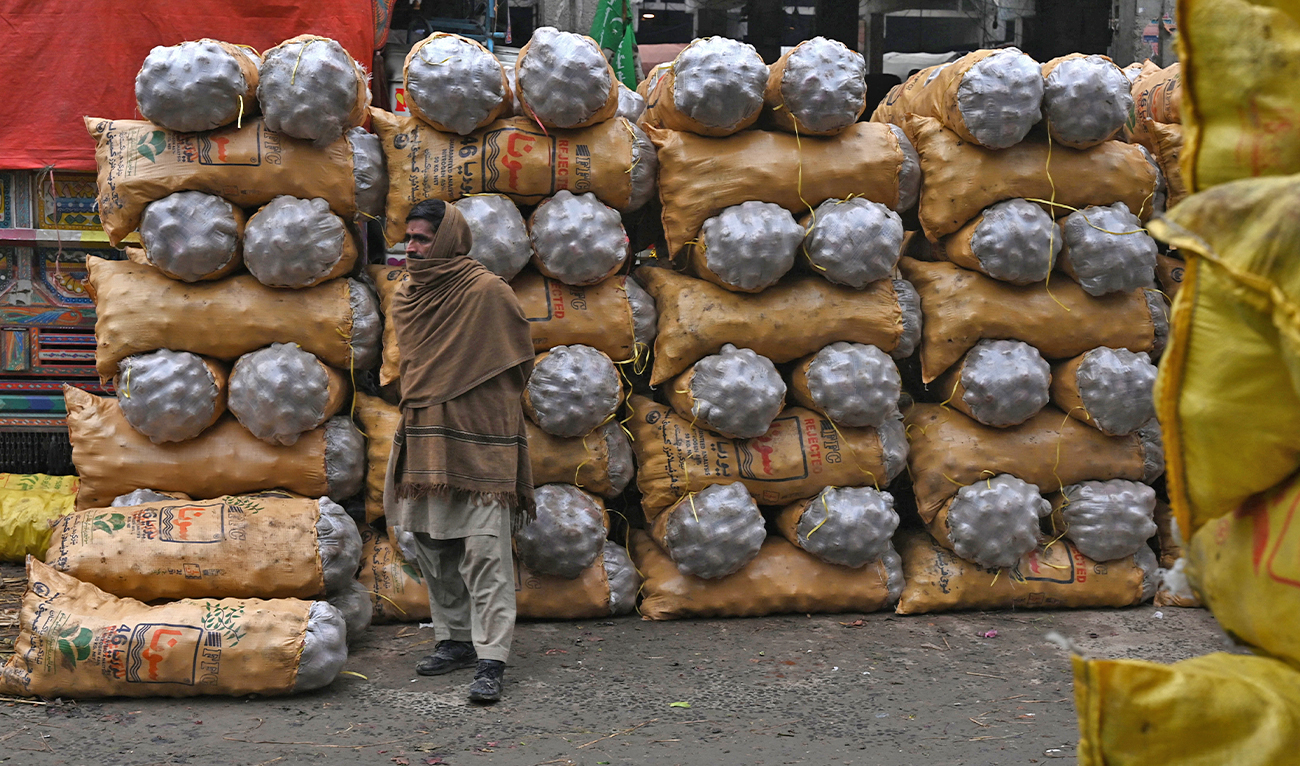 A labourer stands beside sacks of potatoes at a market in Lahore, Pakistan, on January 30, 2023. (AFP)