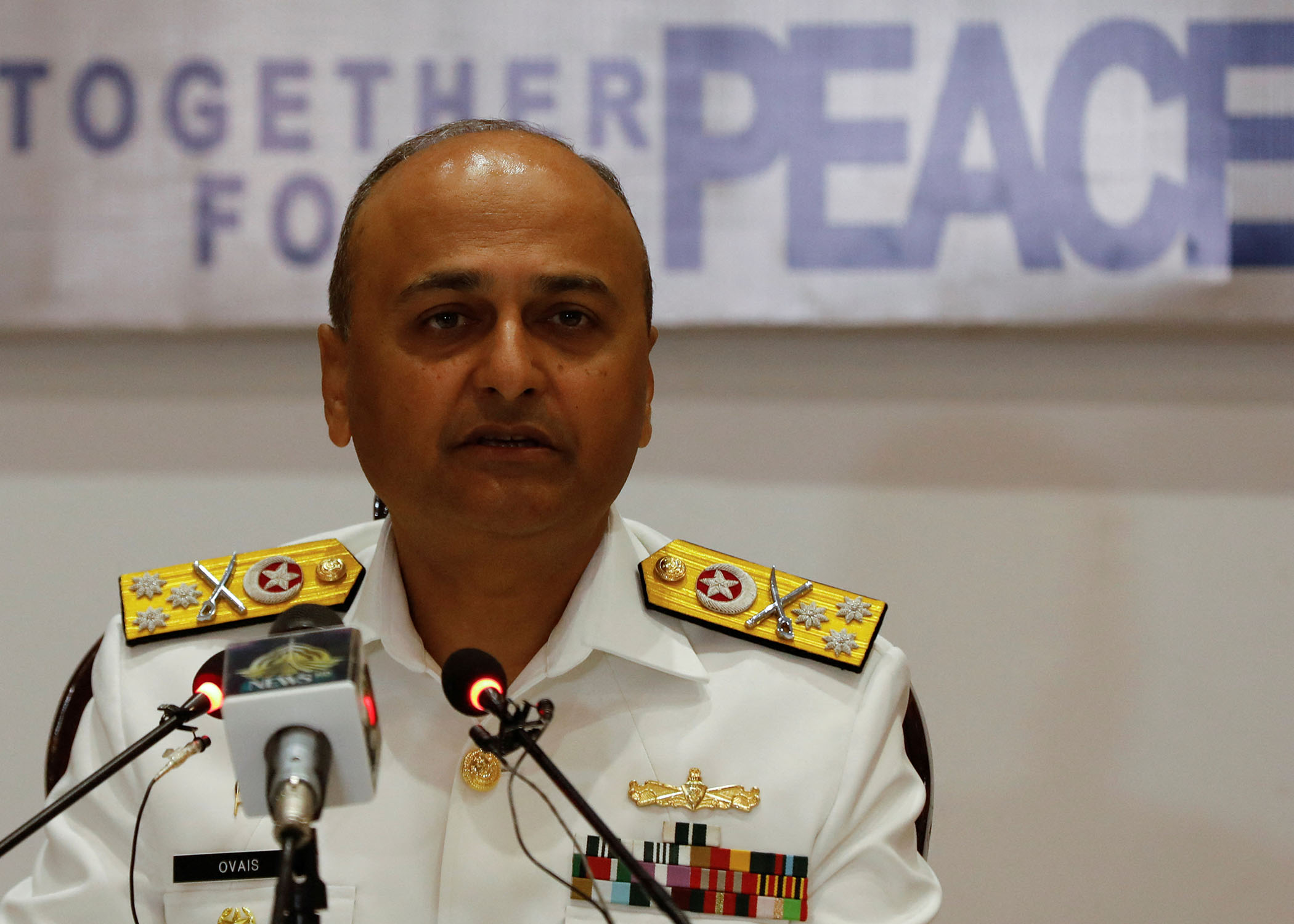 Commander Pakistan Fleet Vice Admiral Ovais Ahmed Bilgrami, addresses a news briefing to host Pakistan Navy's 8th Multinational Exercise AMAN-23 under the slogan of "Together for Peace", in Karachi, Pakistan, February 8, 2023. (Photo courtesy: REUTERS)