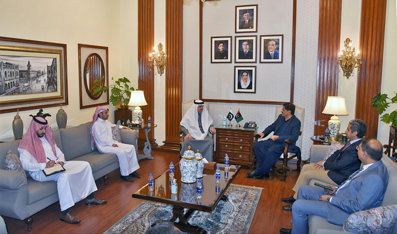 Chief Minister of Sindh, Syed Murad Ali Shah (center right) meets Saudi ambassador Nawaf bin Said Al-Malki (center left) in Karachi, Pakistan, on February 9, 2023. (Photo courtesy: CM House)