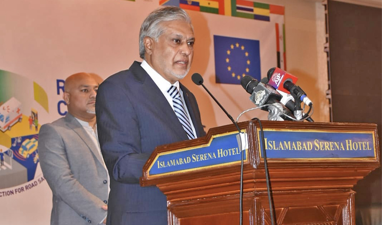 Pakistan's finance minister Ishaq Dar addresses "Road Safety Conference for Parliamentarians, a global perspective, Pakistan-2023", in Islamabad, Pakistan, on February 9, 2023. (@FinMinistryPak/Twitter)