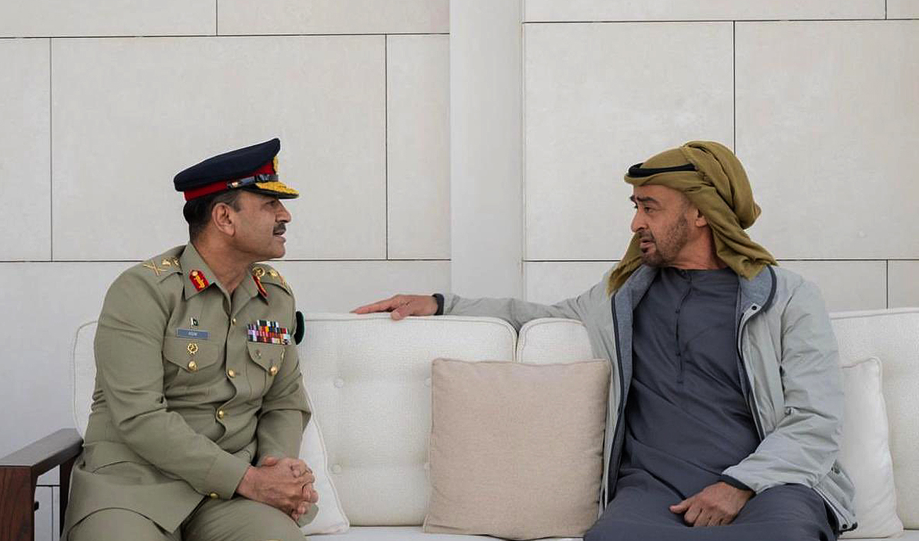 This handout picture, released by the UAE Embassy in Islamabad, shows UAE President Sheikh Mohamed bin Zayed Al Nahyan and Pakistan's army chief General Asim Munir during a meeting at Qasr Al Shati Palace in Abu Dhabi on February 11, 2023. (Photo courtesy: Twitter/uaeembassyisb)