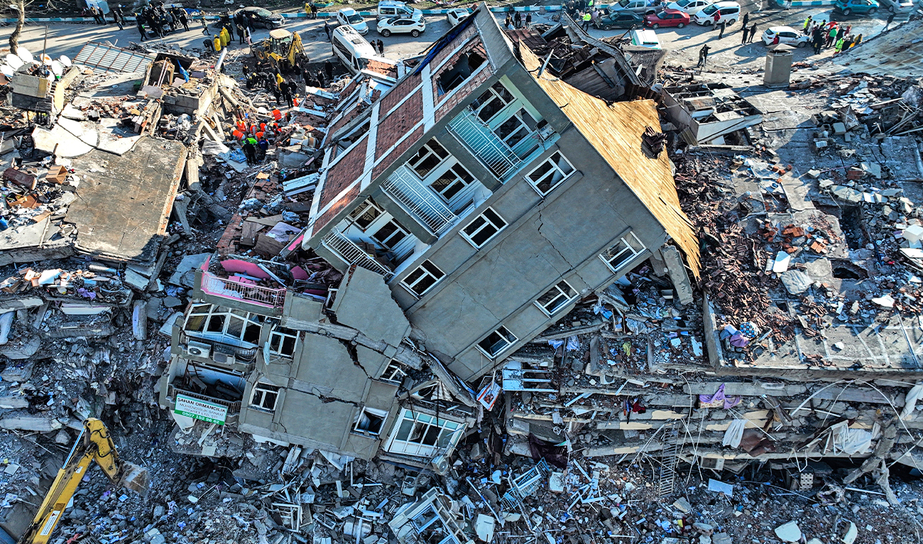 Aerial photo showing the destruction in Kahramanmaras, southern Turkey, on February 8, 2023. (AP)