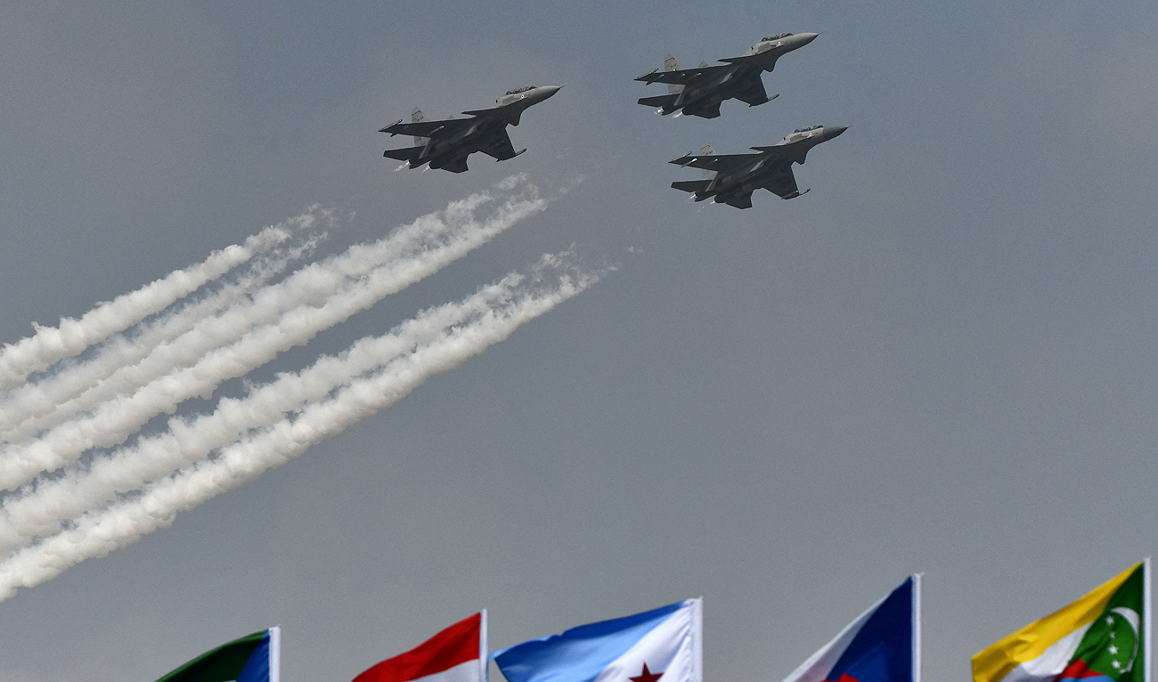 Indian Air Force's Sukhoi Su-30MKI fighter jets fly past past during the "Aero India 2021" air show at Yelahanka air base in Bengaluru, India, February 3, 2021. (Photo courtesy: REUTERS/File)