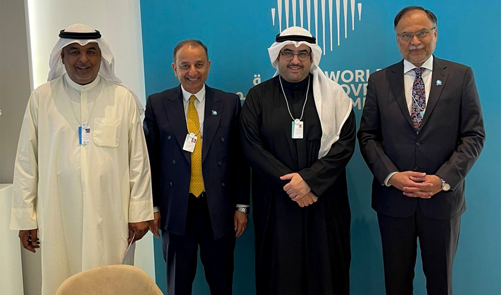 Pakistan's planning minister Ahsan Iqbal (right) and minister of state for petroleum, Musadik Malik (2L) meets Kuwait's finance minister Abdul Wahab Al-Rasheed (left) on the side lines of World Government Summit in Dubai, UAE, on February 15, 2023. (Photo courtesy: @betterPakistan/Twitter)