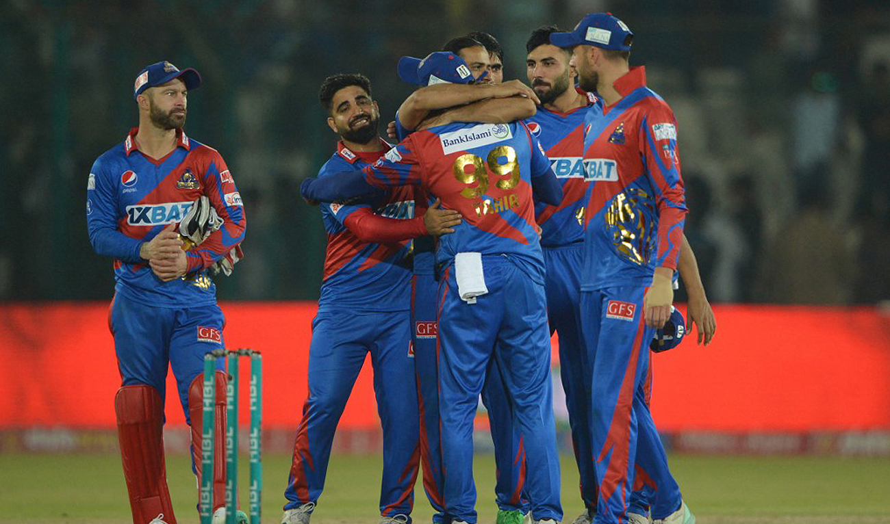 Karachi Kings' cricketers celebrate after winning the Pakistan Super League (PSL) T20 cricket match between Karachi Kings and Lahore Qalandars at the National Stadium in Karachi on February 19, 2023. (Photo courtesy: AFP)