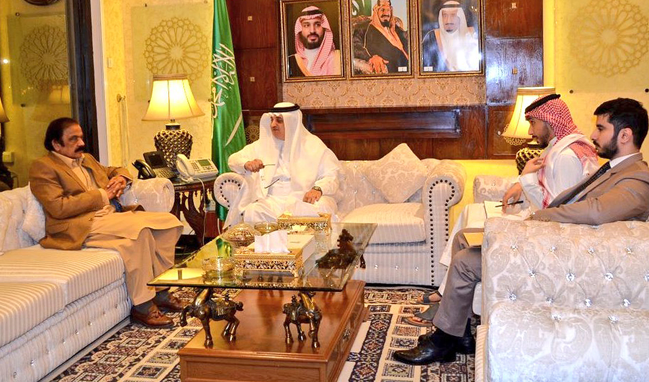 Interior Minister Rana Sanaullah (left) gestures during a meeting with Saudi Arabia’s Ambassador to Pakistan Nawaf bin Said Al-Malki (second left) at the Saudi embassy in Islamabad on February 20, 2023. (Photo courtesy: Twitter/KSAembassyPK)