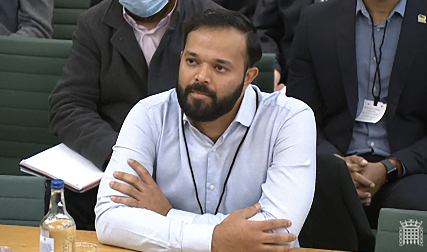 Former Yorkshire cricketer Azeem Rafiq testifying in front of a Digital, Culture, Media and Sport (DCMS) Committee in London on November 16, 2021 as MPs probe racial harassment at the club. (Parliamentary Recording Unit (PRU) via AFP)