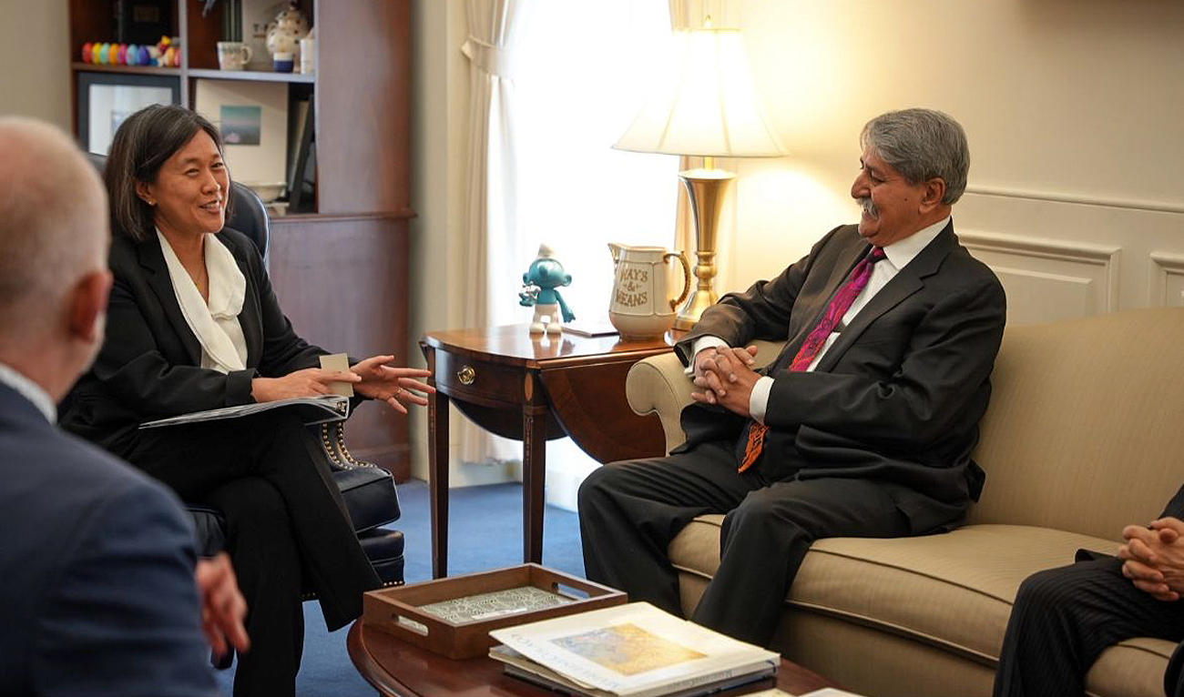 In this handout photo, provided by Pakistan's Ministry of Commerce, Commerce Minister Naveed Qamar (right) is pictured with US Trade Representative Katherine Tai (left) during the US–Pakistan Trade and Investment Framework Council Ministerial Meeting in Washington DC on February 23, 2023. (Photo courtesy: Ministry of Commerce)