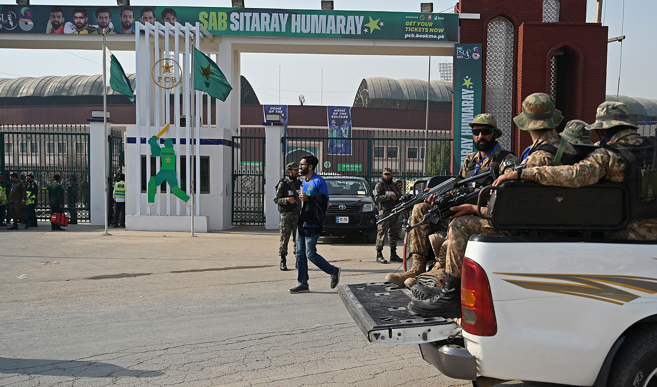 Pakistan's army soldiers arrive at the Multan Cricket Stadium before the start of the Pakistan Super League (PSL) Twenty20 cricket match between Multan Sultans and Quetta Gladiators in Multan on February 15, 2023. (Photo courtesy: AFP/File)
