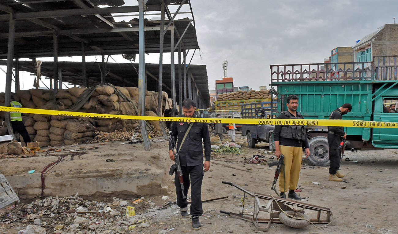Pakistani police officials cordon off the site after a bomb blast at a fruit market in Quetta on April 12, 2019. (AFP/File)