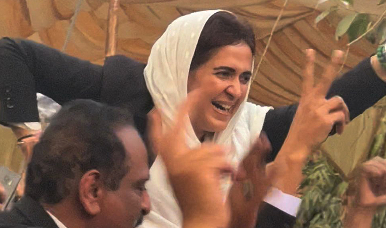 Pakistan's Sabahat Rizvi gestures during a victory celebration by senior lawyers after winning the post of secretary of the Lahore High Court Bar Association in Lahore on February 25, 2023. (Photo courtesy: Twitter/ShireenMazari1)