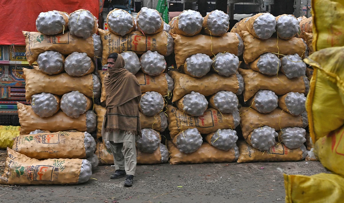 A labourer stands beside sacks of potatoes at a market in Lahore, Pakistan, on January 30, 2023. (AFP)