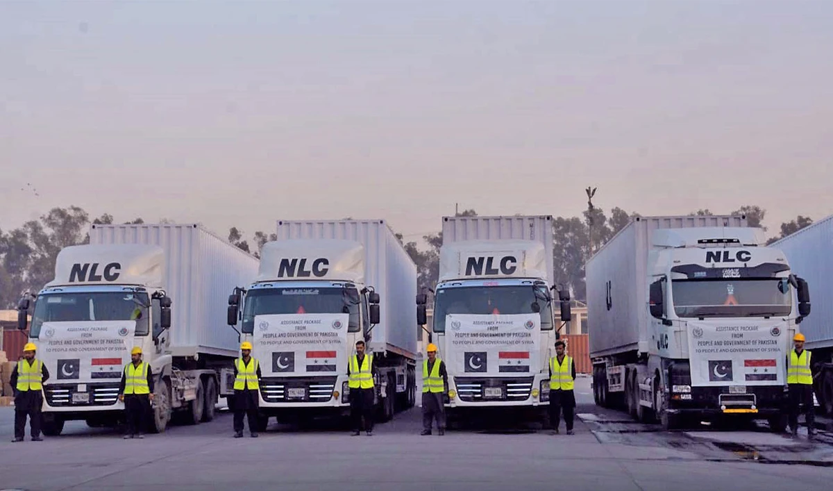 The picture shared on February 11, 2023, shows Pakistani containers carrying relief goods to earthquake-hit Turkiye and Syria in Lahore, Pakistan. (Photo courtesy: PID)