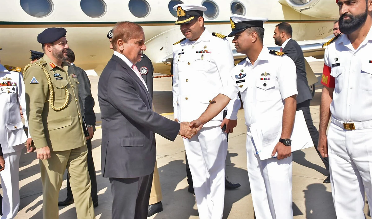 Pakistan Prime Minister Shehbaz Sharif arrives in Karachi on February 14, 2023 on a daylong visit to inspect a joint naval exercise organized by the Pakistan Navy. (Photo courtesy: PM Office)