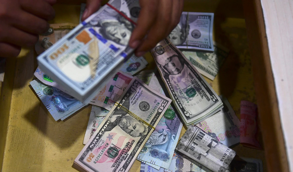 A dealer collect US dollars at a money exchange market in Karachi, Pakistan on January 26, 2023. (AFP/File)