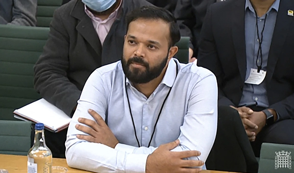 Former Yorkshire cricketer Azeem Rafiq testifying in front of a Digital, Culture, Media and Sport (DCMS) Committee in London on November 16, 2021 as MPs probe racial harassment at the club. (Parliamentary Recording Unit (PRU) via AFP)