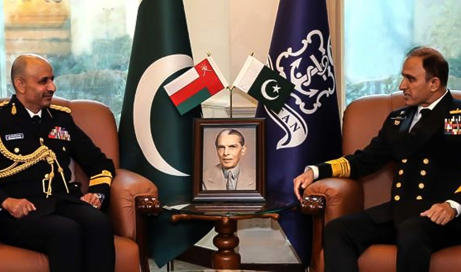 Rear Admiral Saif bin Nasser bin Mohsin Al Rahbi, commander of the Royal Navy of Oman, left, meets Pakistani Naval Chief Admiral Muhammad Amjad Khan Niazi in Islamabad on March 3, 2023. (Photo courtesy: Radio Pakistan)