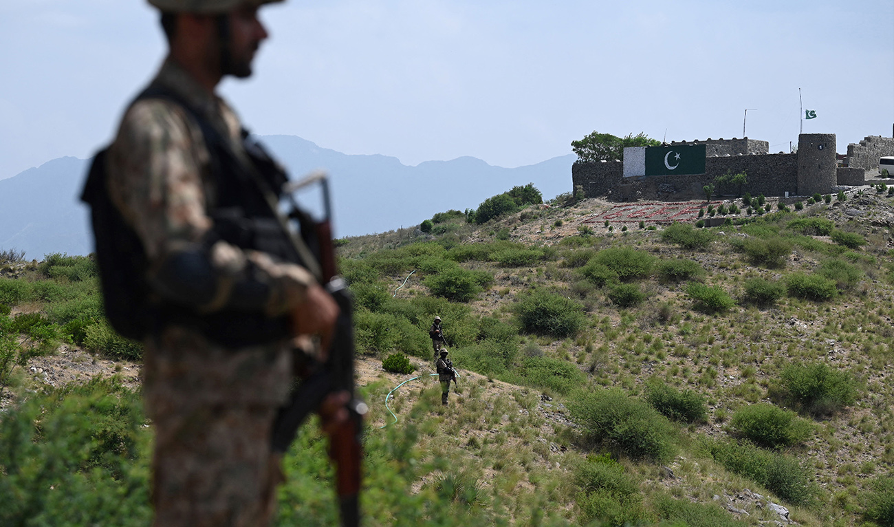 Pakistani troops patrol along Pakistan-Afghanistan border at Big Ben post in the Khyber district of the Khyber Pakhtunkhwa province on August 3, 2021. (AFP/FILE)