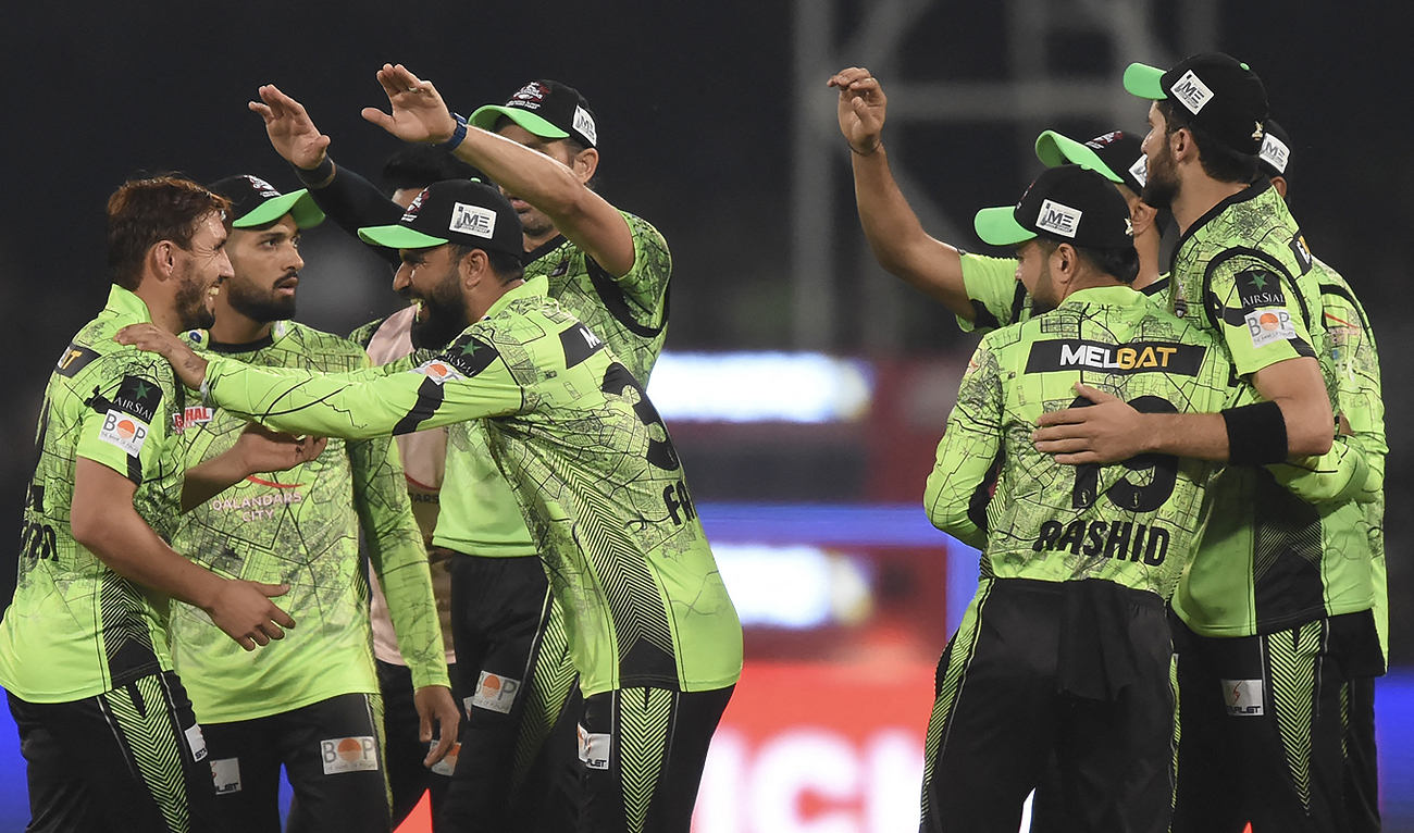 Lahore Qalandars celebrate the wicket of Multan Sultans' Shan Masood (not pictured) during the Pakistan Super League (PSL) Twenty20 cricket match between Multan Sultans and Lahore Qalandars at the Gaddafi Cricket Stadium in Lahore on March 4, 2023. (Photo courtesy: AFP)
