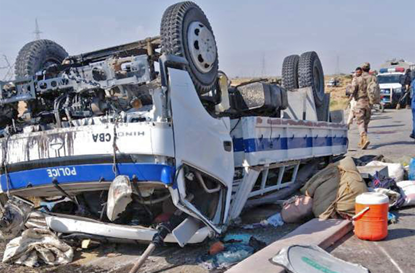 The picture taken on March 6, 2023, shows the site of a suicide attack after a bomber rammed a motorcycle into a police truck in Sibbi, a city some 160 km east of Quetta, the capital of Pakistan's Balochistan province. (Photo courtesy: Edhi Foundation)