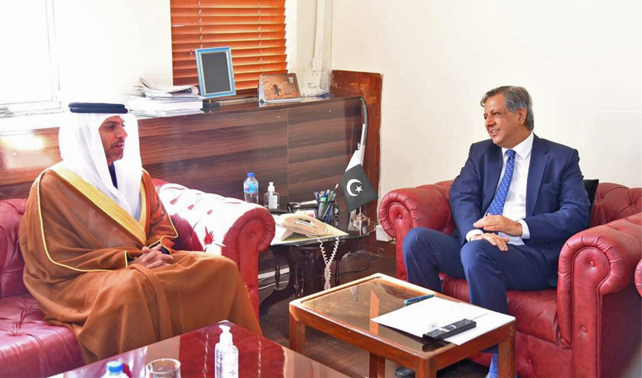 UAE’s ambassador to Islamabad Hamad Obaid Ibrahim Salem Al-Zaabi (left) meets Pakistan's law minister Azam Nazeer Tarar in Islamabad, Pakistan, on March 7, 2023. (UAE Embassy)