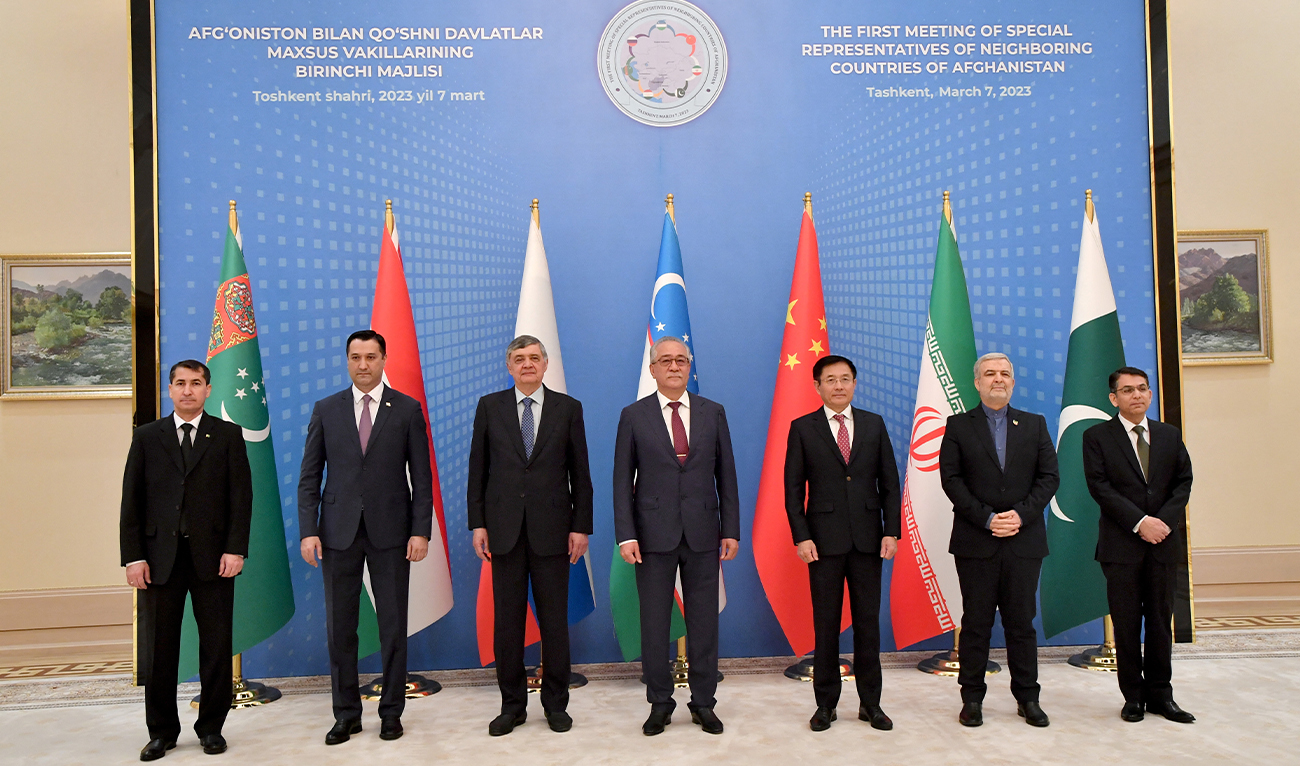 Deputy Foreign Minister of Turkmenistan Vepa Hajiyev, Head of the Department of Strategic Studies of the Ministry of Foreign Affairs of Tajikistan Vafo Niyatbekzoda, Special Representative of President of Russia Zamir Kabulov, Special Representative of President of Uzbekistan Ismatulla Irgashev, Special Representative of the Ministry of Foreign Affairs of China Yue Xiaoyong, Special Representative of President of Iran Hassan Kazemi Qomi and Deputy Foreign Minister of Pakistan Syed Ahsan Raza Shah pose for a picture during a meeting of special representatives of neighbouring countries of Afghanistan, in Tashkent, Uzbekistan, on March 7, 2023. (REUTERS)