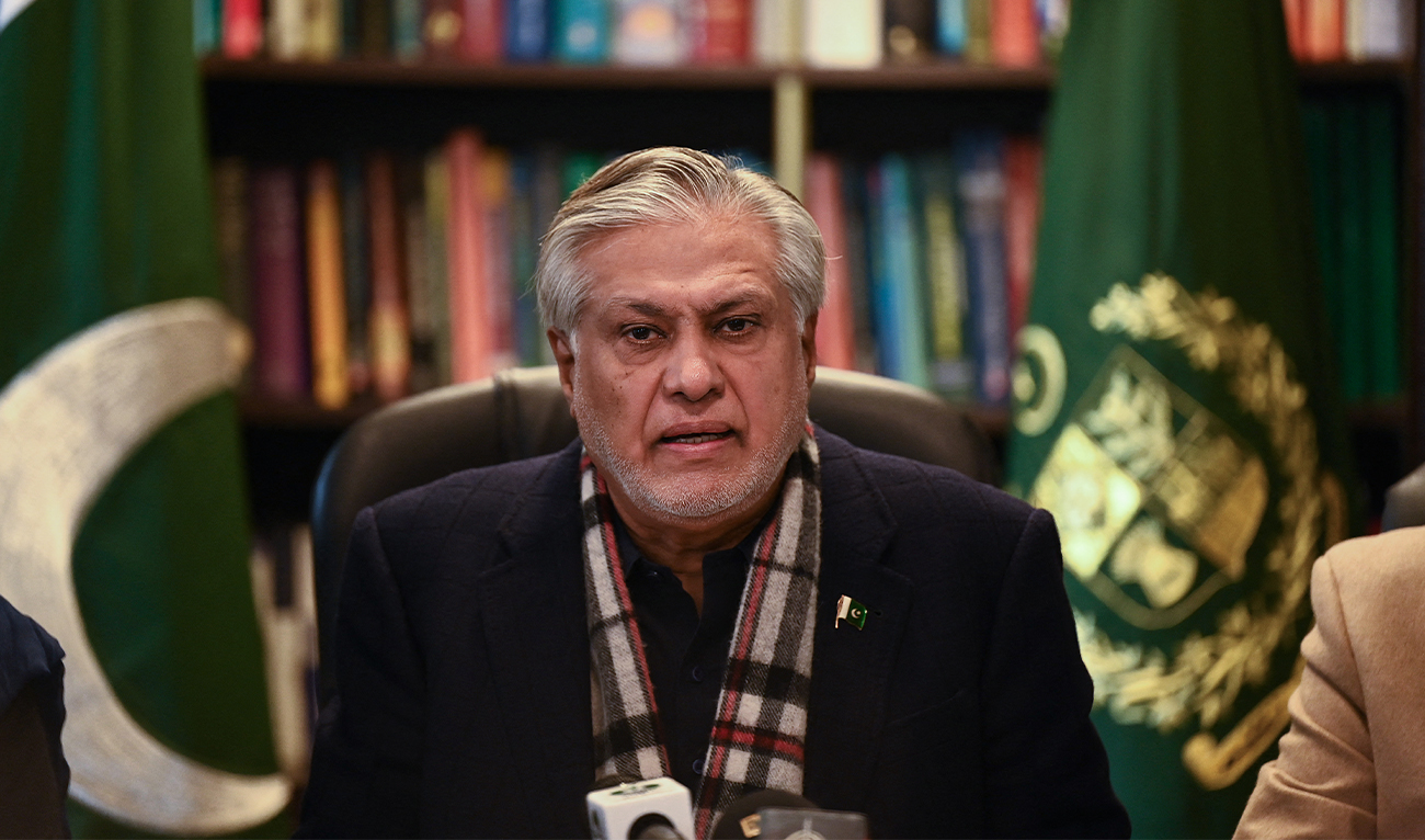 Pakistan’s Finance Minister Ishaq Dar speaks during a press conference in Islamabad on February 10, 2023. (AFP/File)