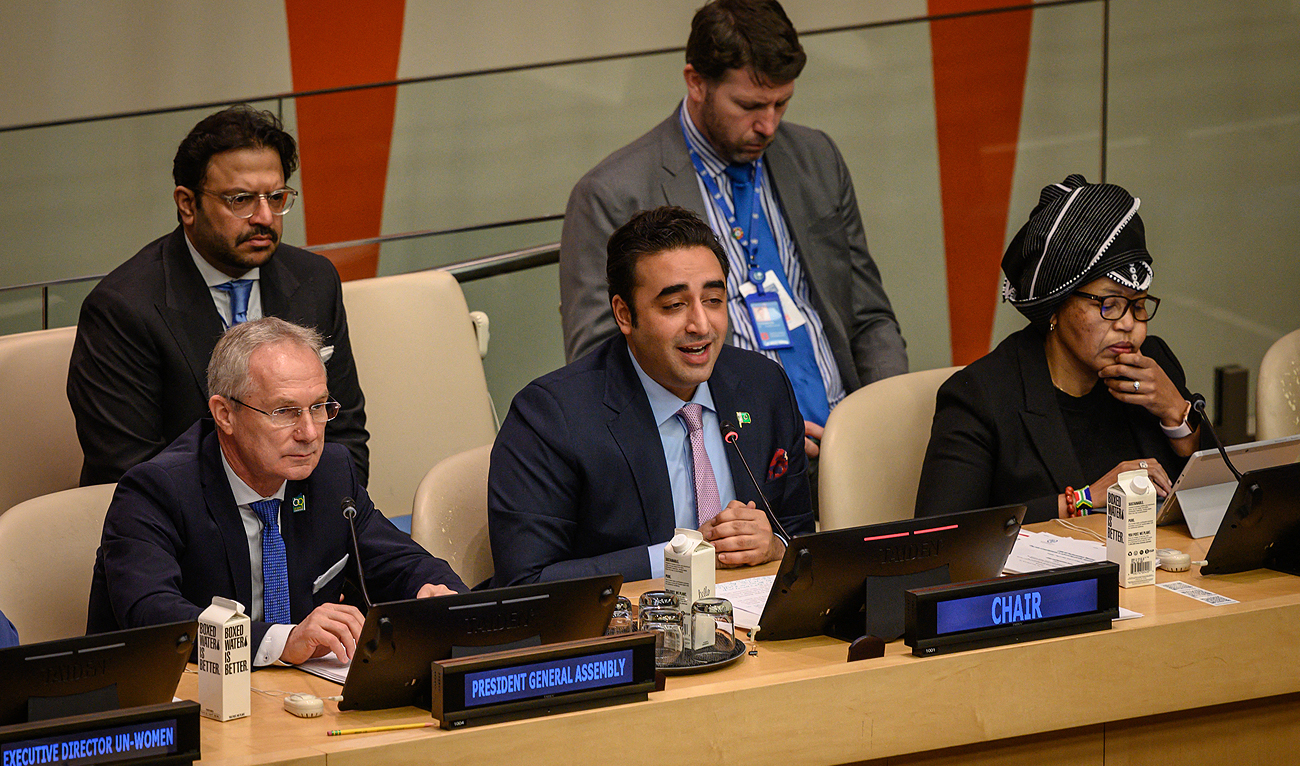 Pakistan's Foreign Minister Bilawal Bhutto Zardari (C) speaks during a conference organized by Pakistan entitled "Women in Islam: the rights and identity of women in the Islamic World" at UN headquarters in New York on March 8, 2023. (Photo courtesy: AFP)