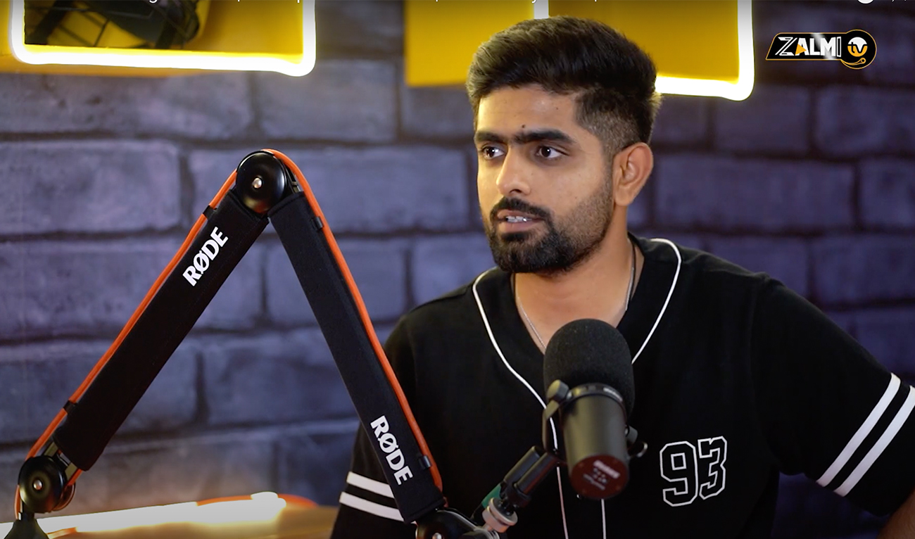 The screenshot taken on March 16, 2023 shows Pakistani skipper Babar Azam speaking during a podcast hosted by Zalmi TV. (Zalmi TV/YouTube)