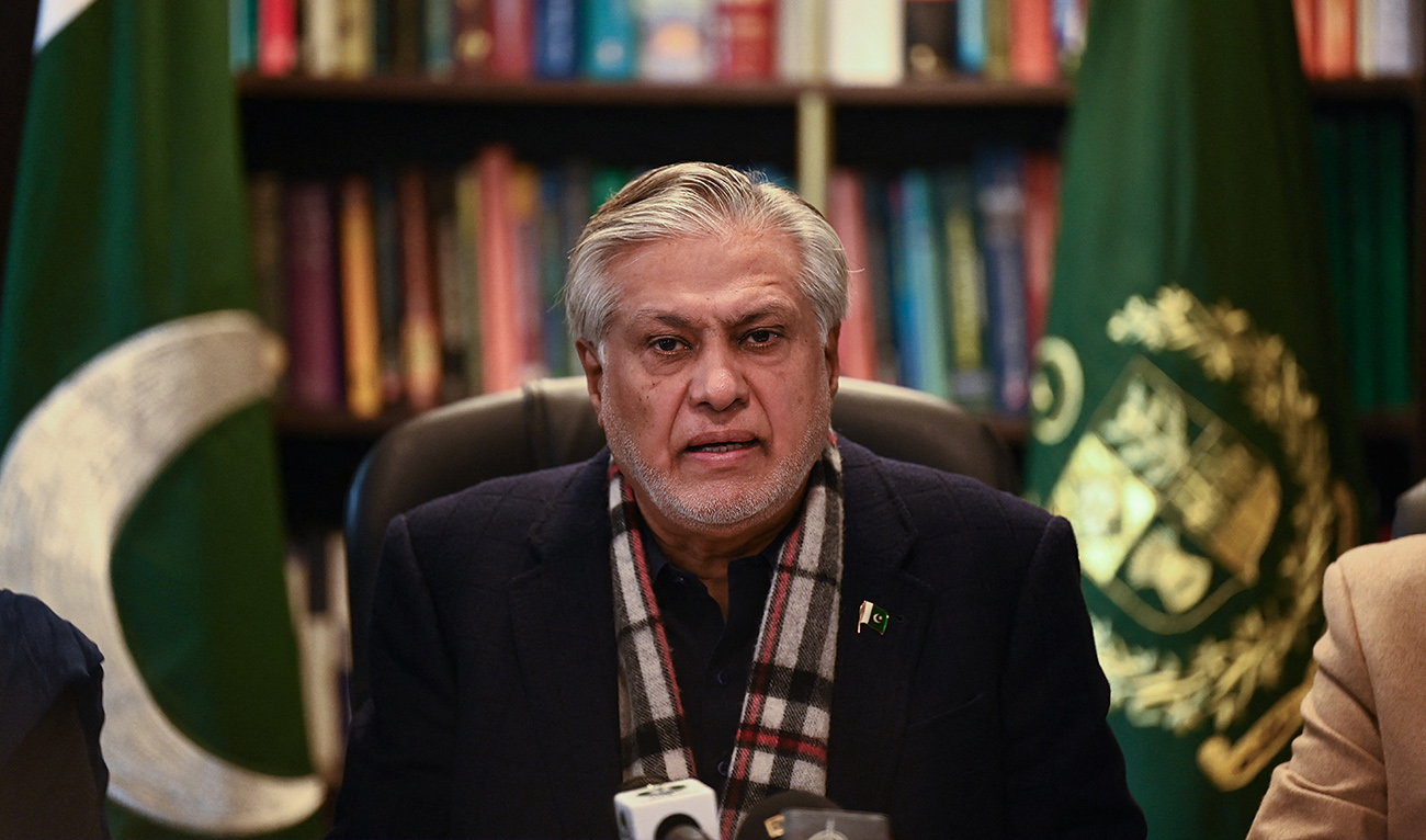 Pakistan’s Finance Minister Ishaq Dar speaks during a press conference in Islamabad on February 10, 2023. (AFP/FILE)