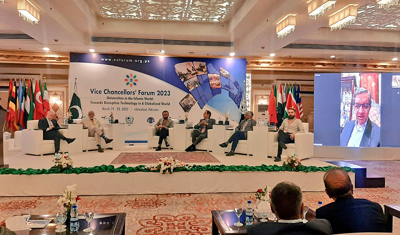 Participants speak during a panel discussion session at the Vice Chancellors Forum 2023 in Islamabad on March 19, 2023. (Photo courtesy: Twitter/VCForum2023)