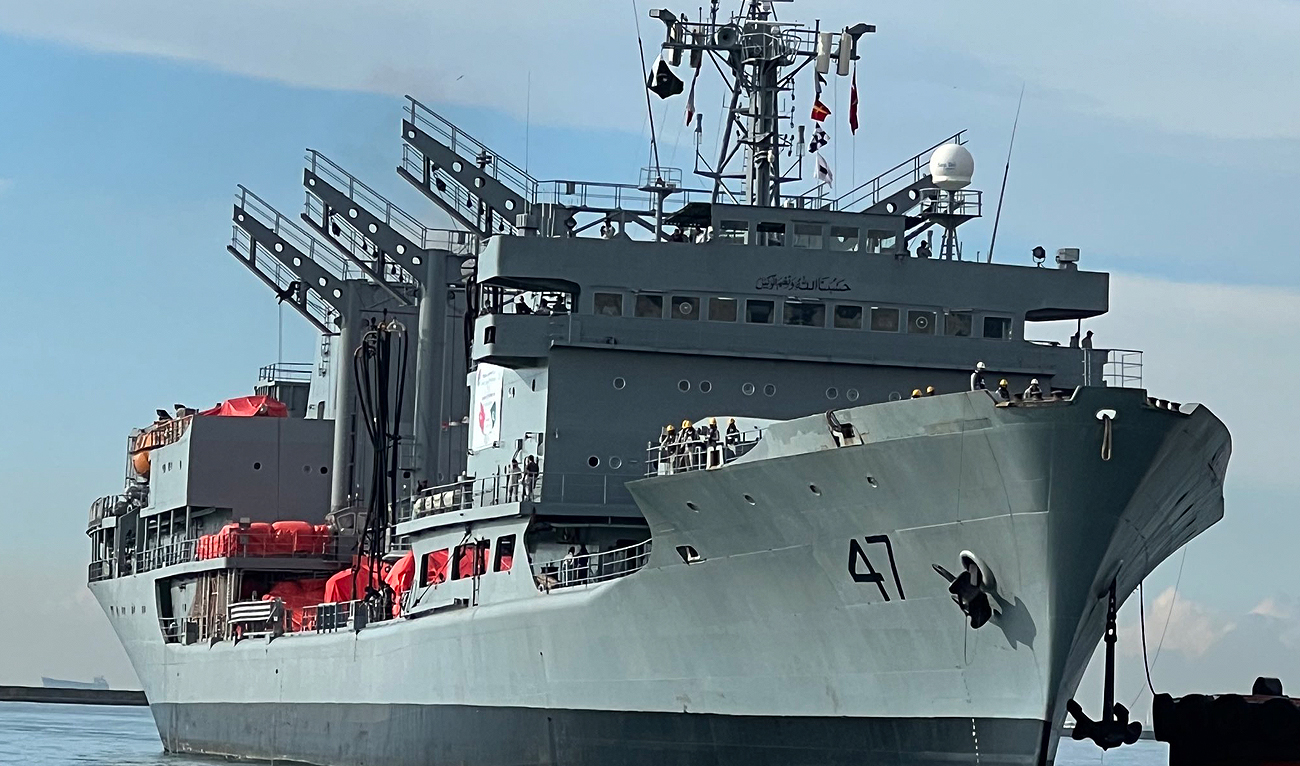 Pakistan Navy ship NASR, carrying earthquake relief assistance goods, arrives in Mersin, Turkiye on March 20, 2023. (Photo courtesy: Twitter/PakinTurkiye)