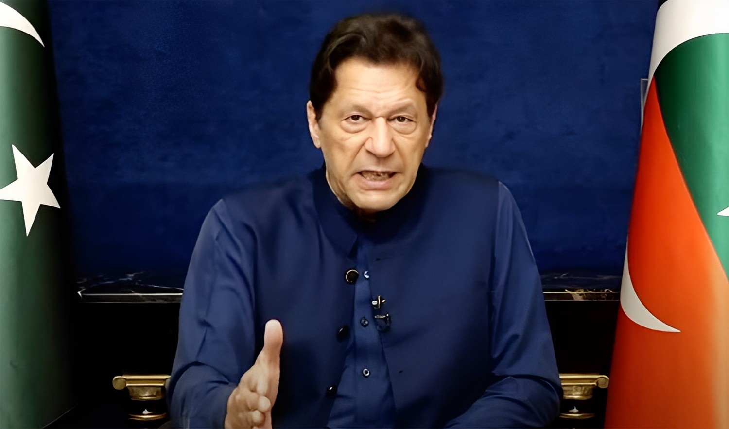 Former Pakistan Prime Minister Imran Khan speaking to his supporters via video link on March 22, 2023. (Photo courtesy: Pakistan Tehreek-e-Insaf)