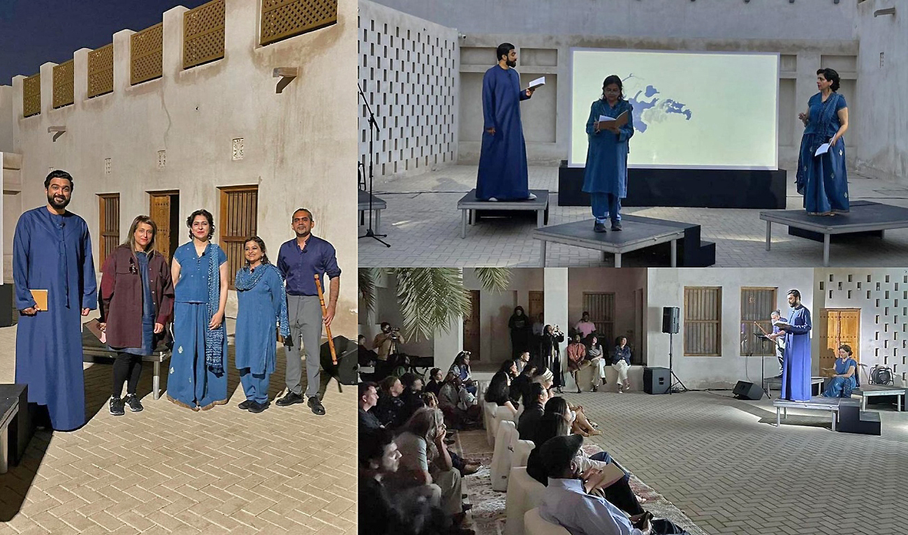 The combination of photos shows created on March 27, 2023 shows artists from Pakistan and the UAE collaborating at Sharjah Biennial in Sharjah, UAE, on March 9, 2023. (@zambeelreadings/Instagram)