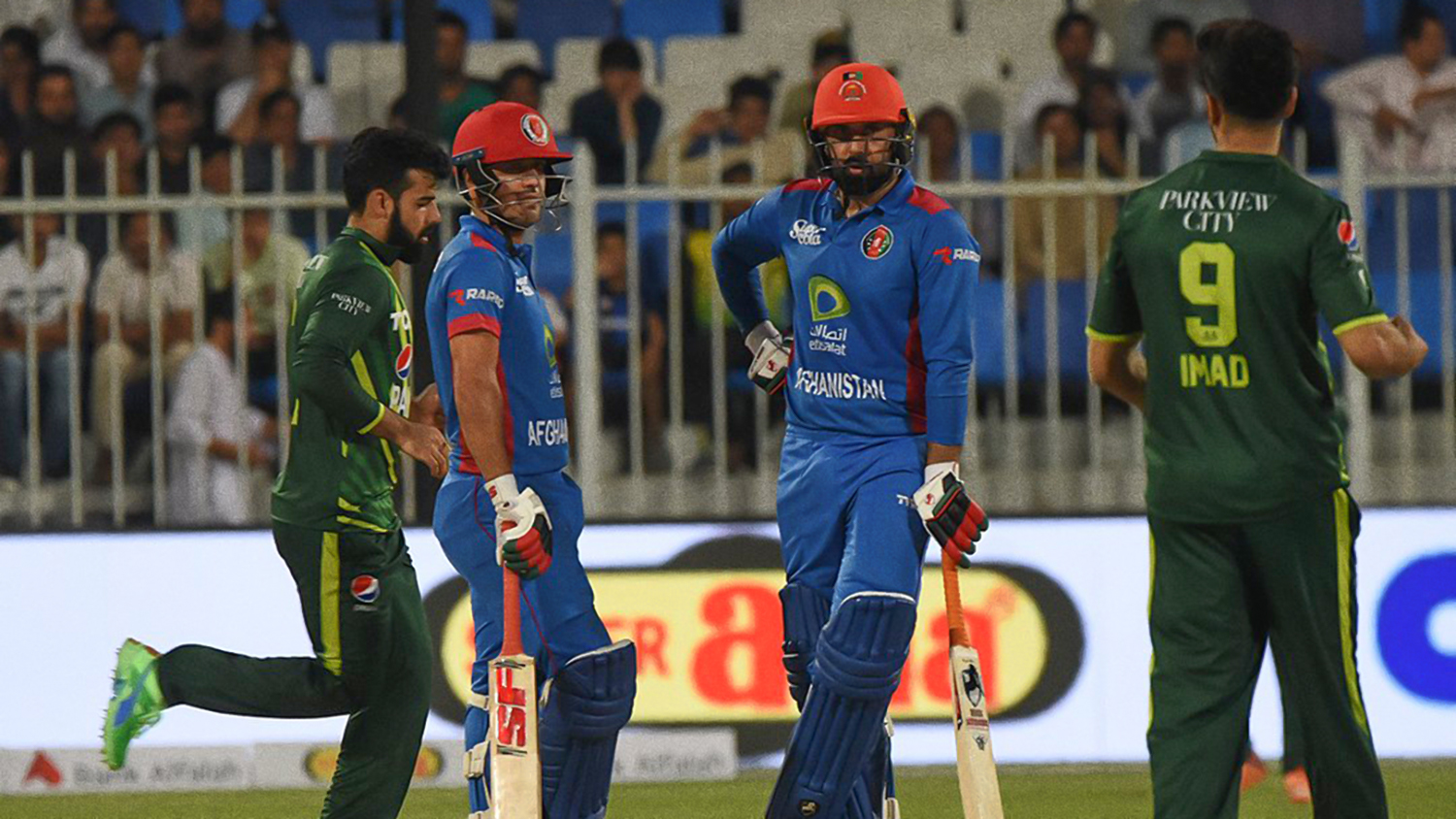 Pakistan and Afghanistan players during a T20 cricket match in Sharjah, UAE, on March 26, 2023. (Photo courtesy: @espncricinfo/Twitter)