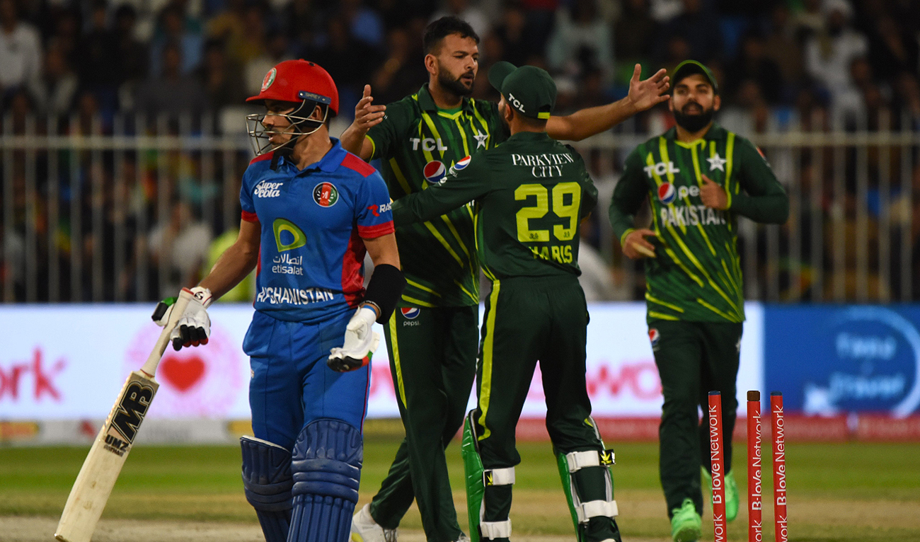 Afghanistan's Rahmanullah Gurbaz walks out after the dismissal by Pakistan's Ihsanullah during the third T20 match between Afghanistan and Pakistan at the Sharjah Cricket Stadium on March 27, 2023. (Photo courtesy: PCB)