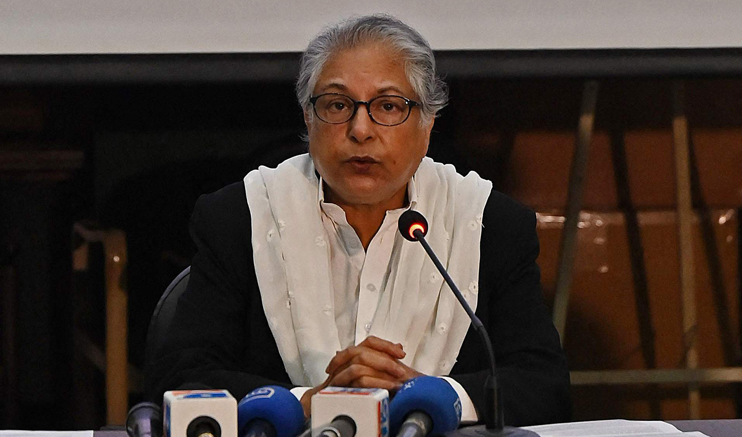 Chairperson of the Human Rights Commission of Pakistan, Hina Jilani speaks during a press conference in Lahore on March 28, 2023. (AFP)