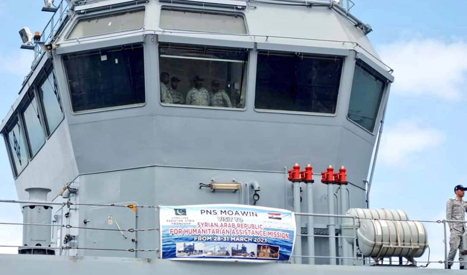 Pakistan Navy ship 'Moawin' reaches Syria with relief goods for earthquake victims on March 29, 2023. (NDMA)